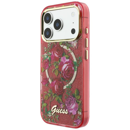 MagSafe puzdro pre Apple iPhone 18 Pro / 17 Pro, Guess, IML Glitter Blossom Roses, Bordová