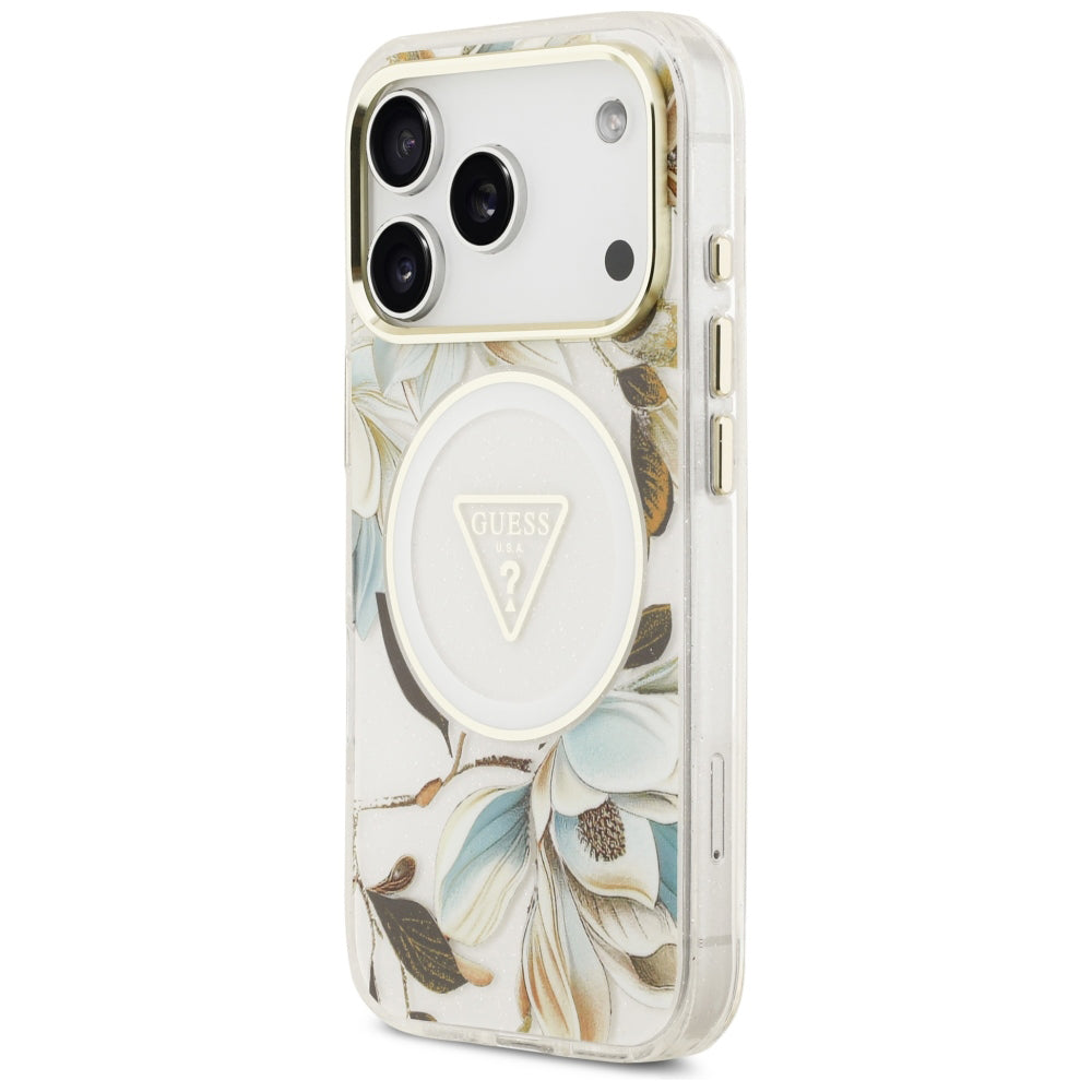 MagSafe puzdro pre Apple iPhone 18 Pro / 17 Pro, Guess, IML Metal Glitter Flowers Triangle, Biele