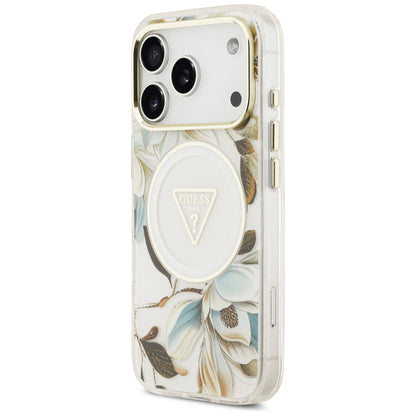 MagSafe puzdro pre Apple iPhone 18 Pro / 17 Pro, Guess, IML Metal Glitter Flowers Triangle, Biele