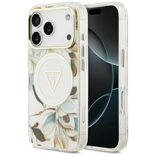 MagSafe puzdro pre Apple iPhone 18 Pro / 17 Pro, Guess, IML Metal Glitter Flowers Triangle, Biele
