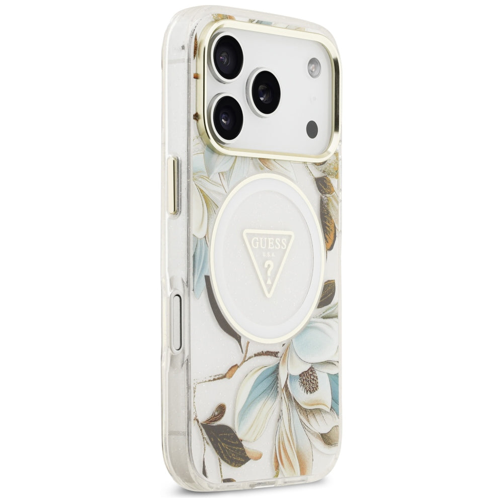MagSafe puzdro pre Apple iPhone 18 Pro / 17 Pro, Guess, IML Metal Glitter Flowers Triangle, Biele