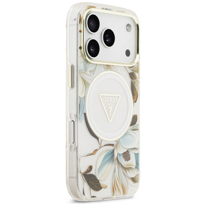 MagSafe puzdro pre Apple iPhone 18 Pro / 17 Pro, Guess, IML Metal Glitter Flowers Triangle, Biele