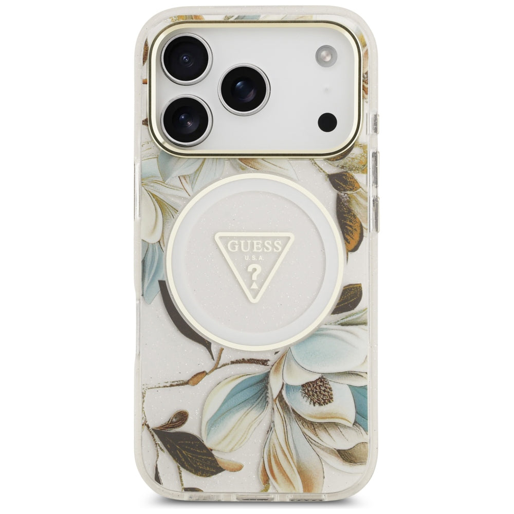 MagSafe puzdro pre Apple iPhone 18 Pro / 17 Pro, Guess, IML Metal Glitter Flowers Triangle, Biele