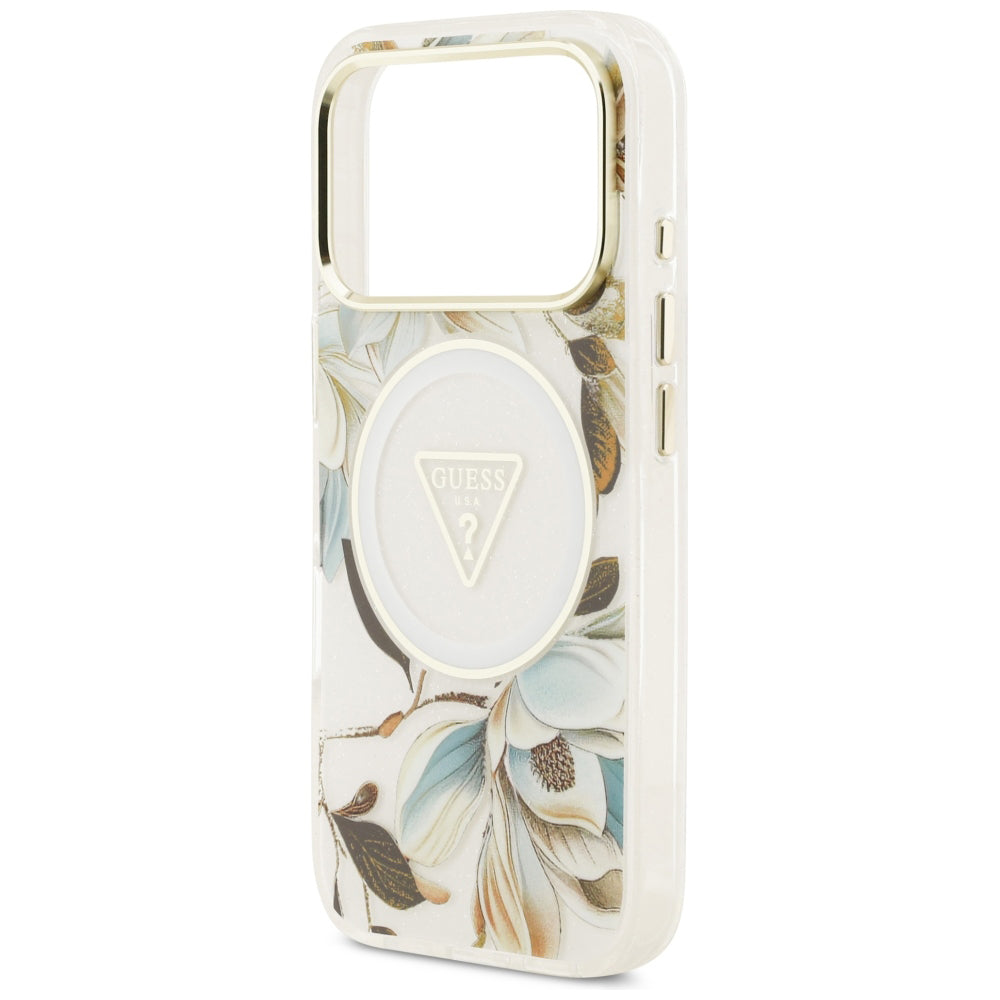 MagSafe puzdro pre Apple iPhone 18 Pro / 17 Pro, Guess, IML Metal Glitter Flowers Triangle, Biele