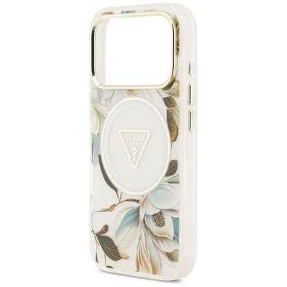 MagSafe puzdro pre Apple iPhone 18 Pro / 17 Pro, Guess, IML Metal Glitter Flowers Triangle, Biele