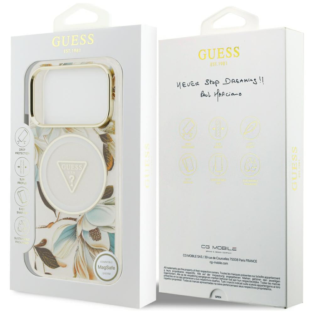 MagSafe puzdro pre Apple iPhone 18 Pro / 17 Pro, Guess, IML Metal Glitter Flowers Triangle, Biele