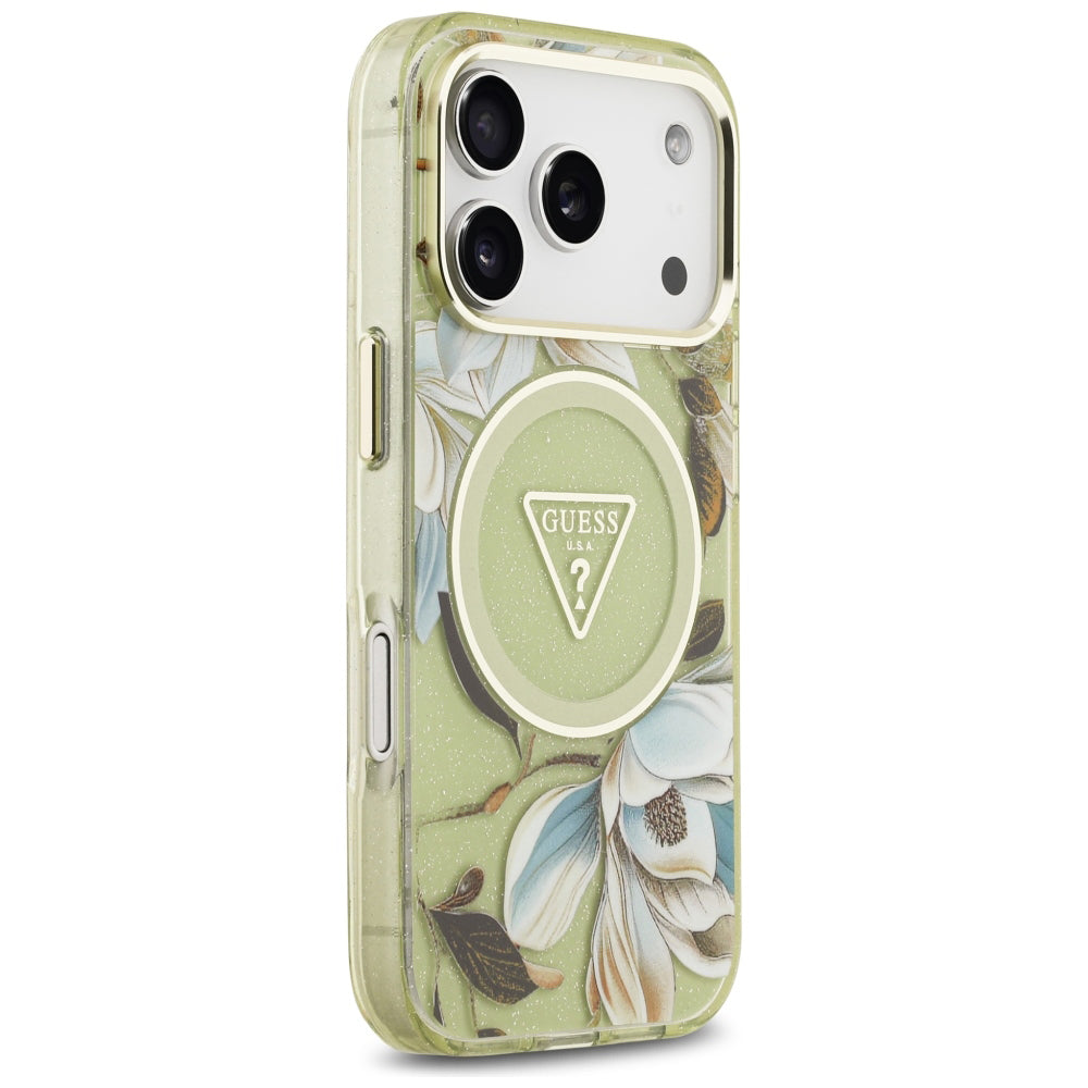 MagSafe puzdro pre Apple iPhone 18 Pro / 17 Pro, Guess, IML Metal Glitter Flowers Triangle, Zelené