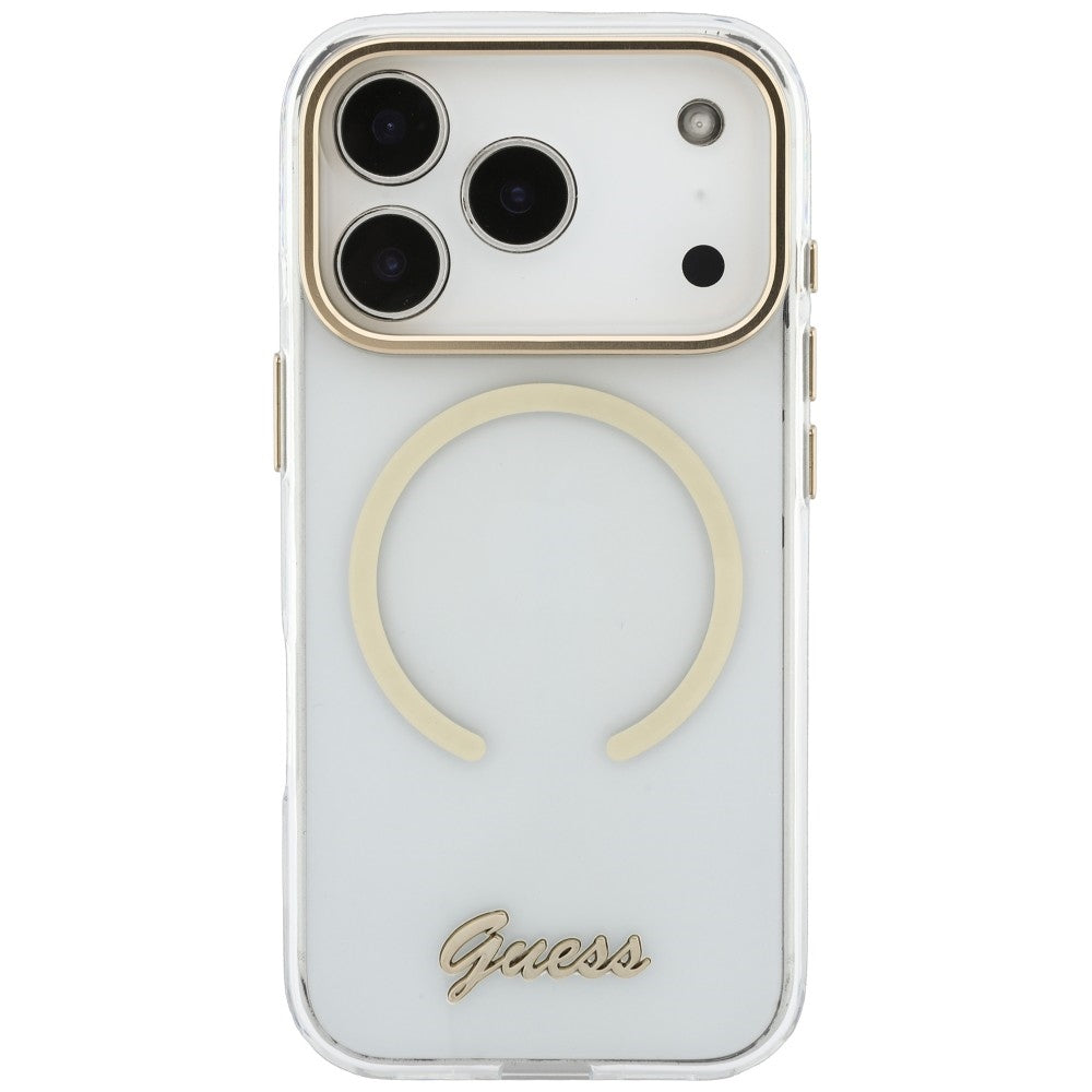 Puzdro MagSafe pre Apple iPhone 18 Pro / 17 Pro, Guess, IML Script Metal, priehľadné