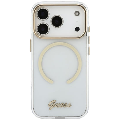 Puzdro MagSafe pre Apple iPhone 18 Pro / 17 Pro, Guess, IML Script Metal, priehľadné