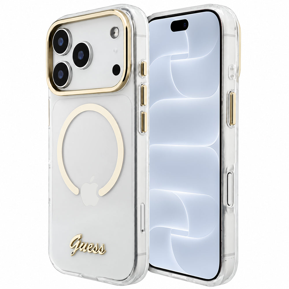 Puzdro MagSafe pre Apple iPhone 18 Pro / 17 Pro, Guess, IML Script Metal, priehľadné