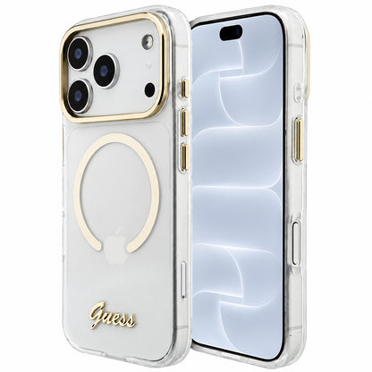 Puzdro MagSafe pre Apple iPhone 18 Pro / 17 Pro, Guess, IML Script Metal, priehľadné