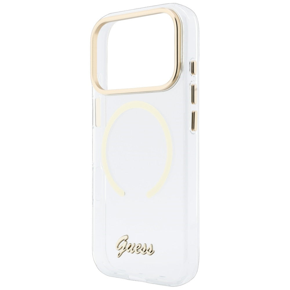 Puzdro MagSafe pre Apple iPhone 18 Pro / 17 Pro, Guess, IML Script Metal, priehľadné