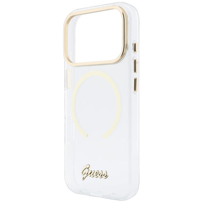 Puzdro MagSafe pre Apple iPhone 18 Pro / 17 Pro, Guess, IML Script Metal, priehľadné