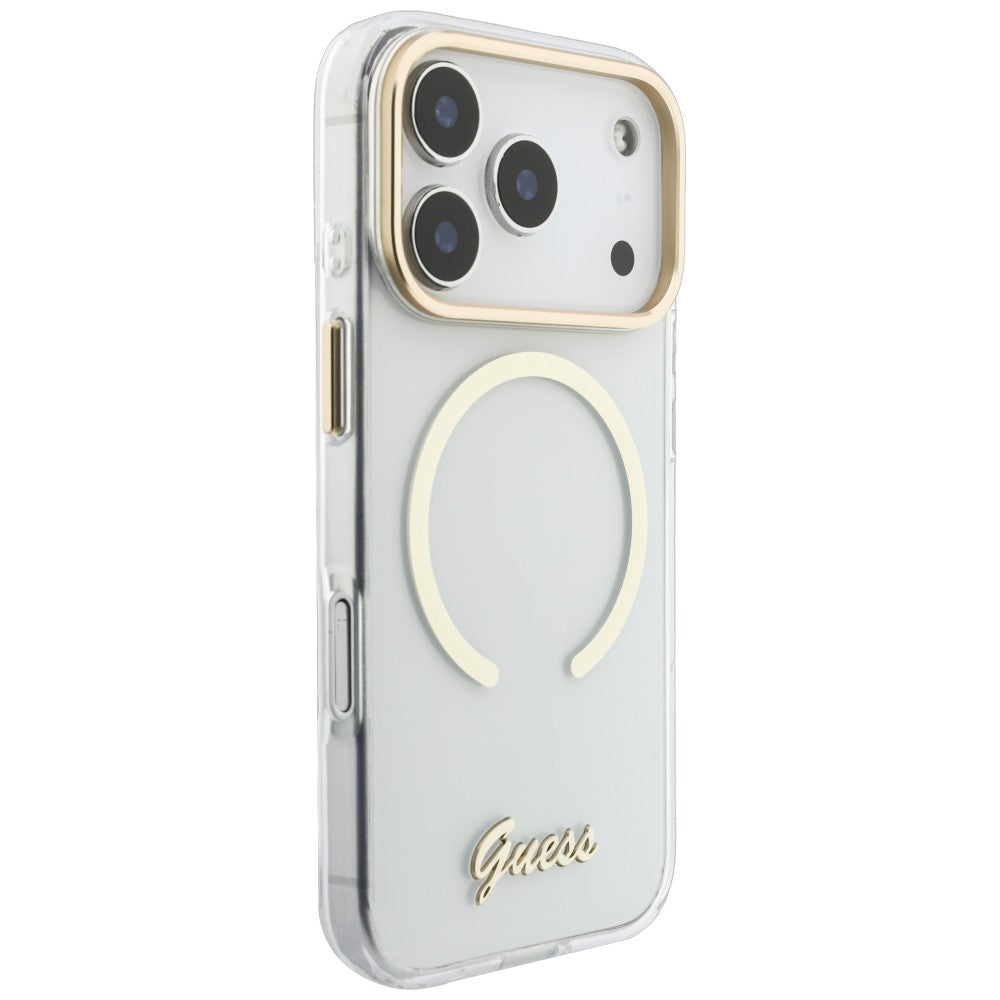 Puzdro MagSafe pre Apple iPhone 18 Pro / 17 Pro, Guess, IML Script Metal, priehľadné