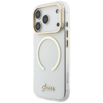 Puzdro MagSafe pre Apple iPhone 18 Pro / 17 Pro, Guess, IML Script Metal, priehľadné