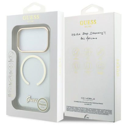 Puzdro MagSafe pre Apple iPhone 18 Pro / 17 Pro, Guess, IML Script Metal, priehľadné