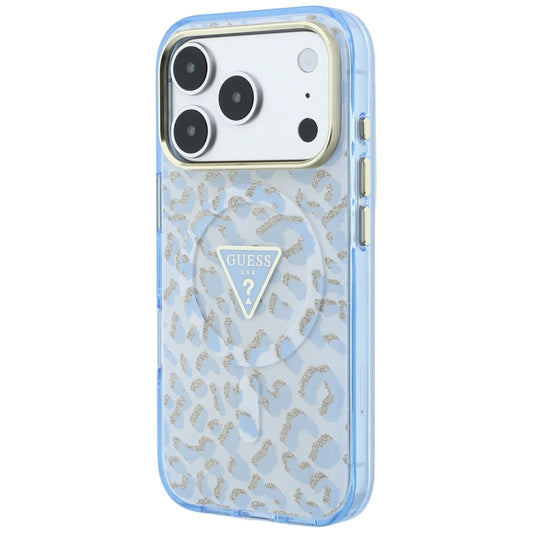 MagSafe puzdro pre Apple iPhone 18 Pro / 17 Pro, Guess, Leopard Glitter Triangle Logo, Modrá
