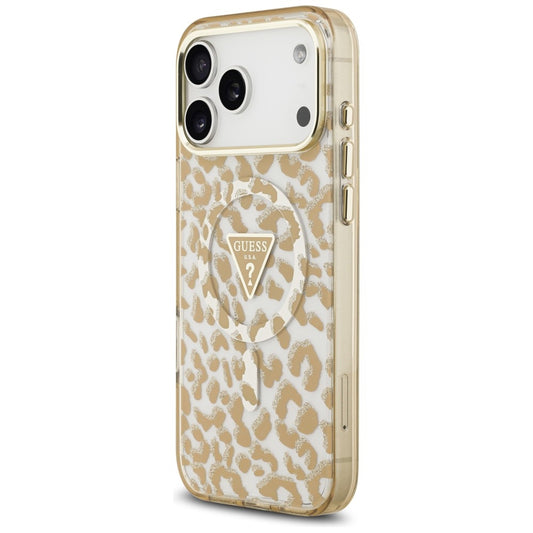 MagSafe puzdro pre Apple iPhone 18 Pro / 17 Pro, Guess, Leopard Glitter Triangle Logo, Hnedé