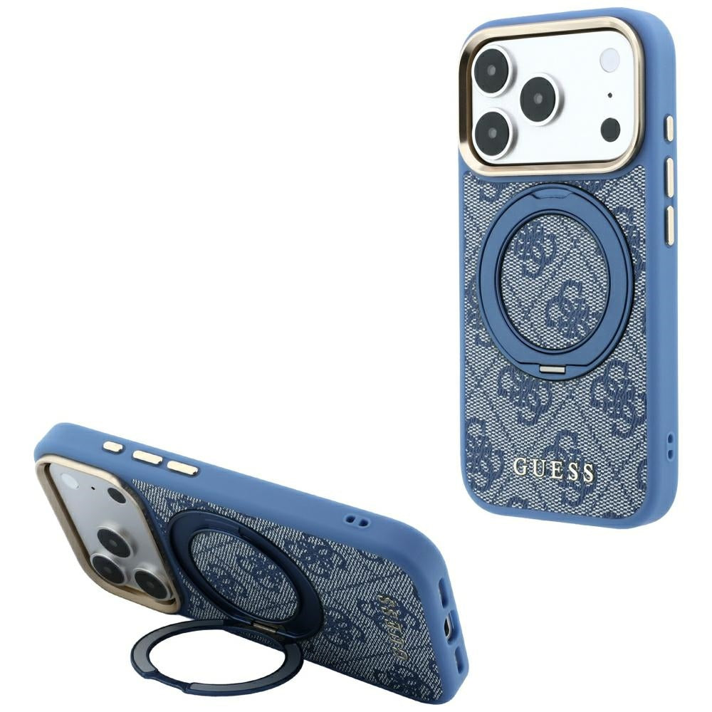 MagSafe puzdro pre Apple iPhone 18 Pro / 17 Pro, Guess, Ring Stand 360 4G Classic Logo, Modré