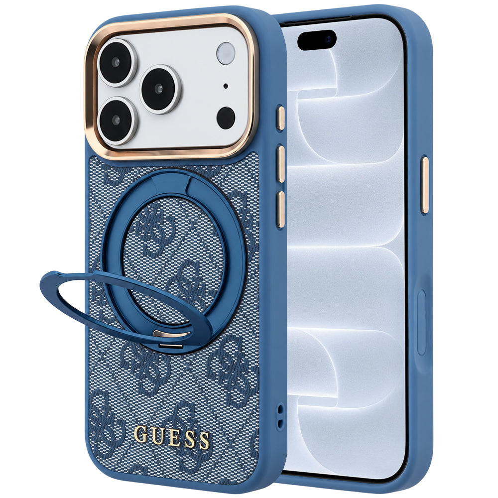 MagSafe puzdro pre Apple iPhone 18 Pro / 17 Pro, Guess, Ring Stand 360 4G Classic Logo, Modré