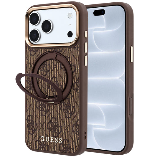 MagSafe puzdro pre Apple iPhone 18 Pro / 17 Pro, Guess, Ring Stand 360 4G Classic Logo, Hnedé