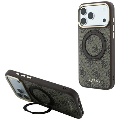 MagSafe puzdro pre Apple iPhone 18 Pro / 17 Pro, Guess, Ring Stand 360 4G Classic Logo, Hnedé
