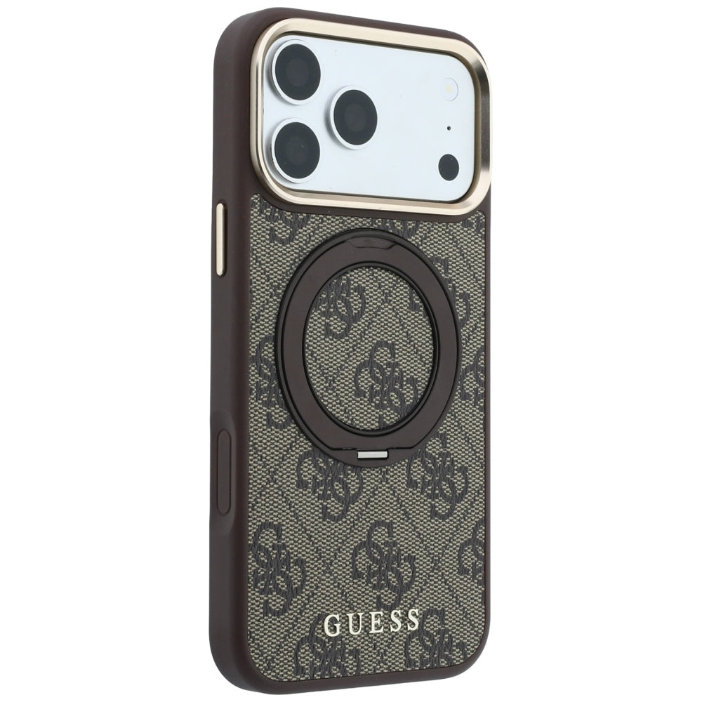MagSafe puzdro pre Apple iPhone 18 Pro / 17 Pro, Guess, Ring Stand 360 4G Classic Logo, Hnedé