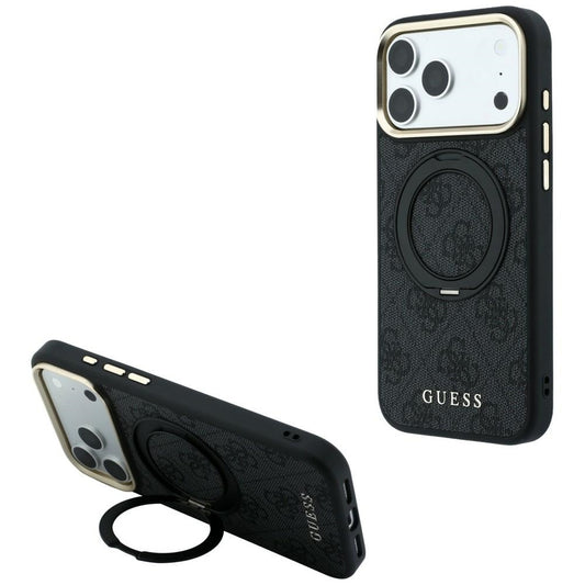 MagSafe puzdro pre Apple iPhone 18 Pro / 17 Pro, Guess, Ring Stand Classic Logo, čierne