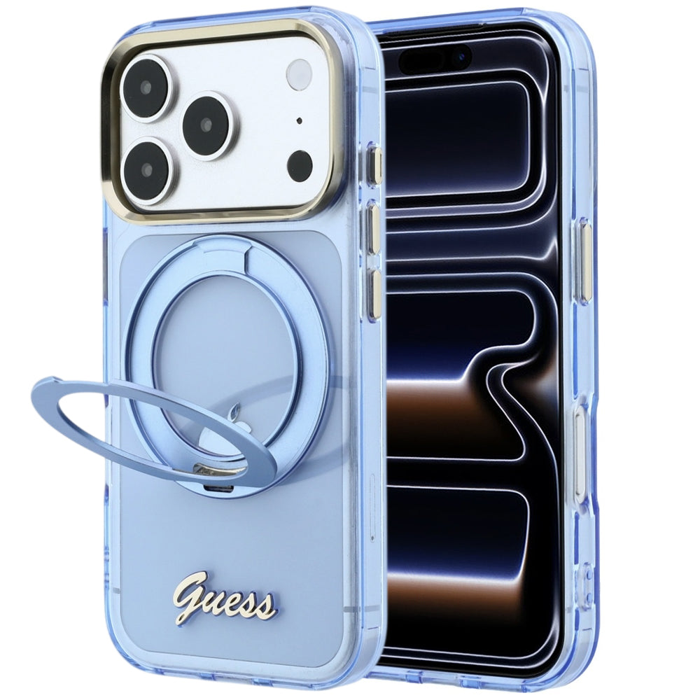 MagSafe puzdro pre Apple iPhone 18 Pro / 17 Pro, Guess, Ring Stand Script Metal Logo, Modrá