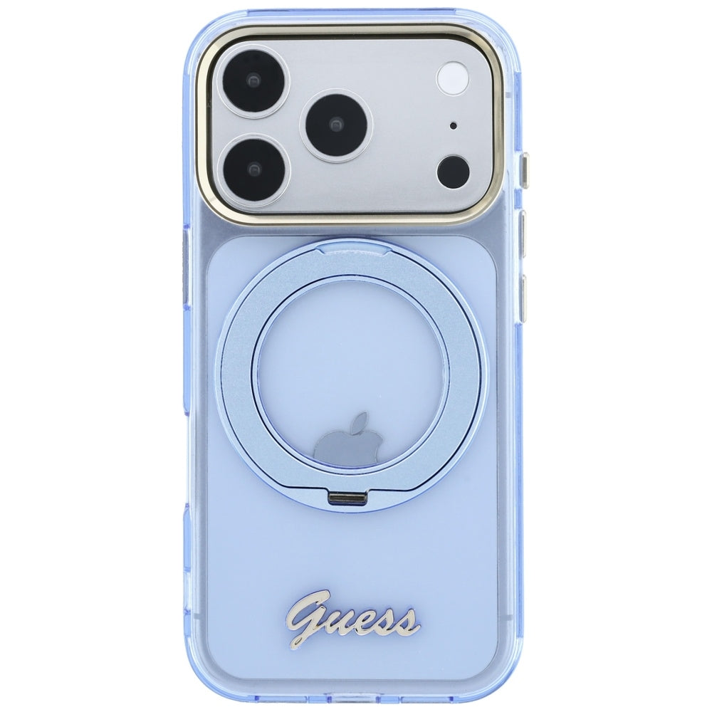 MagSafe puzdro pre Apple iPhone 18 Pro / 17 Pro, Guess, Ring Stand Script Metal Logo, Modrá