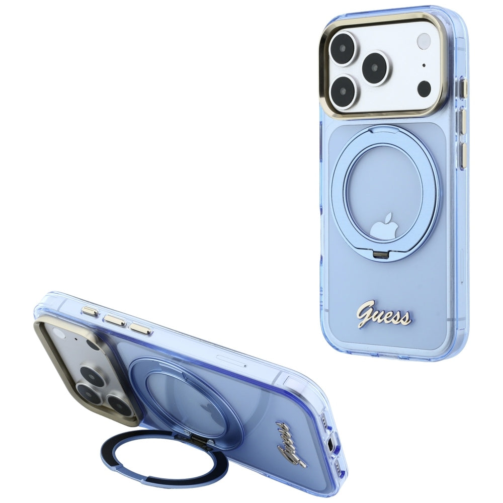 MagSafe puzdro pre Apple iPhone 18 Pro / 17 Pro, Guess, Ring Stand Script Metal Logo, Modrá