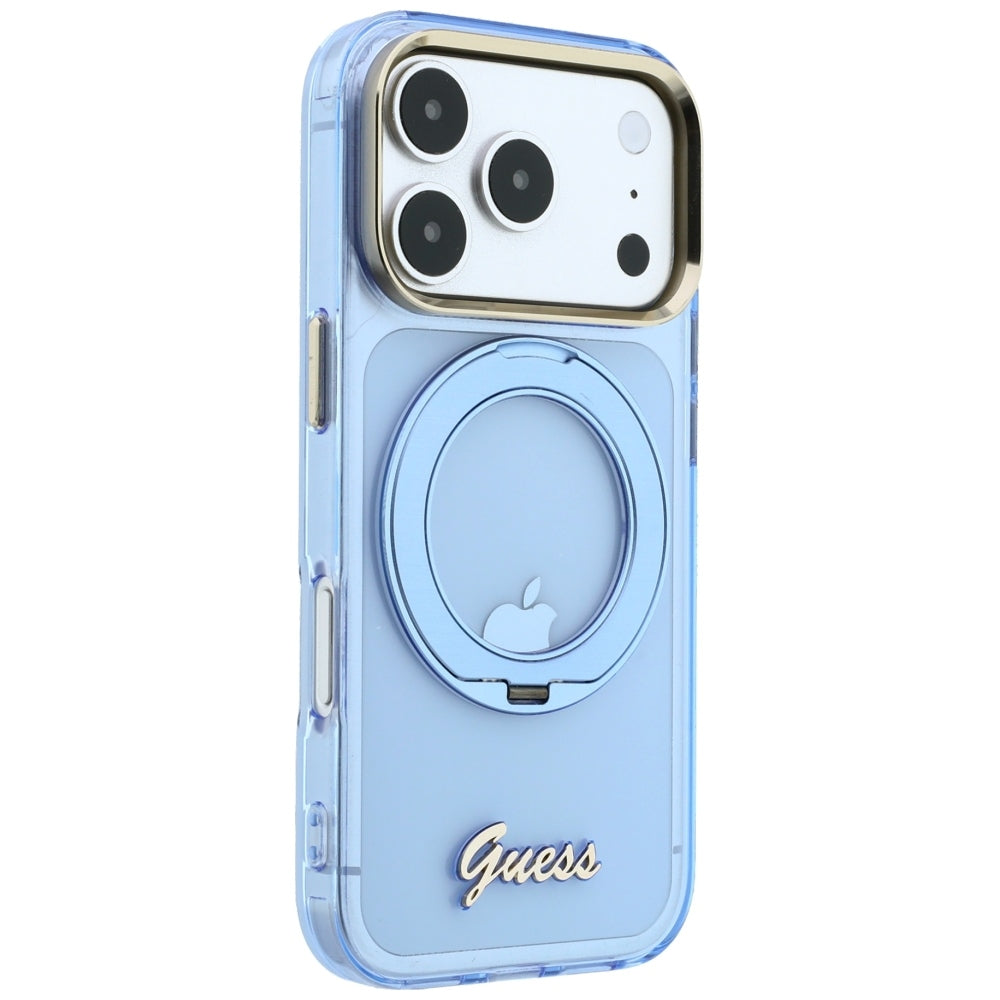 MagSafe puzdro pre Apple iPhone 18 Pro / 17 Pro, Guess, Ring Stand Script Metal Logo, Modrá