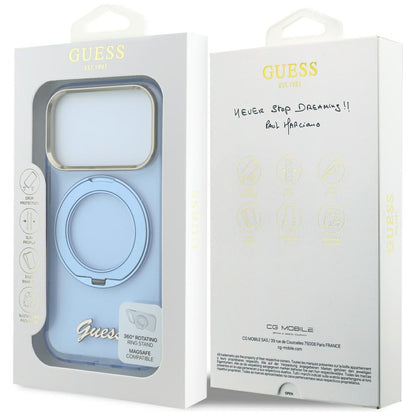 MagSafe puzdro pre Apple iPhone 18 Pro / 17 Pro, Guess, Ring Stand Script Metal Logo, Modrá