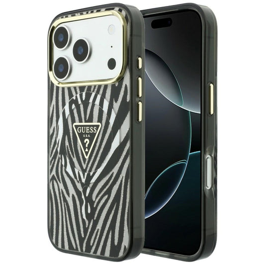 MagSafe puzdro pre Apple iPhone 18 Pro / 17 Pro, Guess, Zebra Glitter Triangle Logo, Strieborné