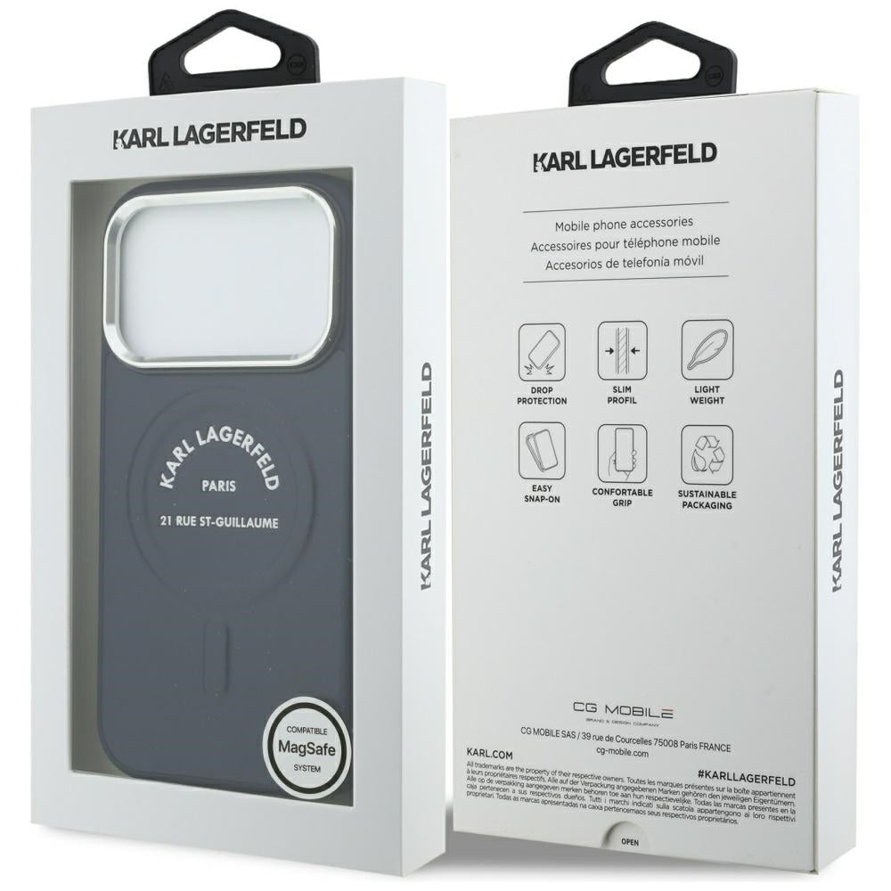 Puzdro MagSafe pre Apple iPhone 18 Pro / 17 Pro, Karl Lagerfeld, Embossed Open Ring RSG Logo, modré