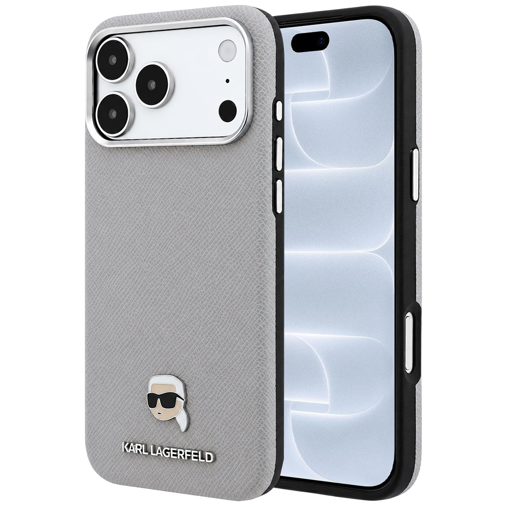 MagSafe puzdro pre Apple iPhone 18 Pro / 17 Pro, Karl Lagerfeld, Štruktúrovaná kovová hlava Karla, Sivá