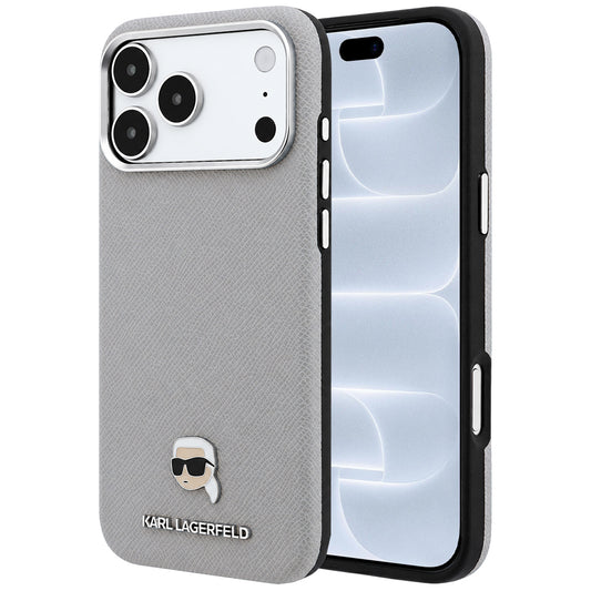 MagSafe puzdro pre Apple iPhone 18 Pro / 17 Pro, Karl Lagerfeld, Štruktúrovaná kovová hlava Karla, Sivá