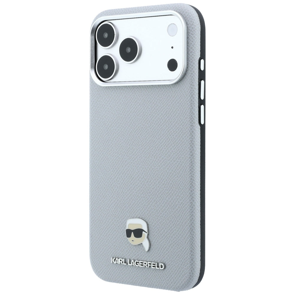 MagSafe puzdro pre Apple iPhone 18 Pro / 17 Pro, Karl Lagerfeld, Štruktúrovaná kovová hlava Karla, Sivá