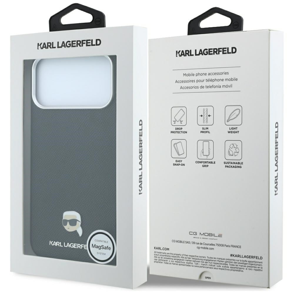 MagSafe puzdro pre Apple iPhone 18 Pro / 17 Pro, Karl Lagerfeld, Grained Karl Head's Metal, čierne