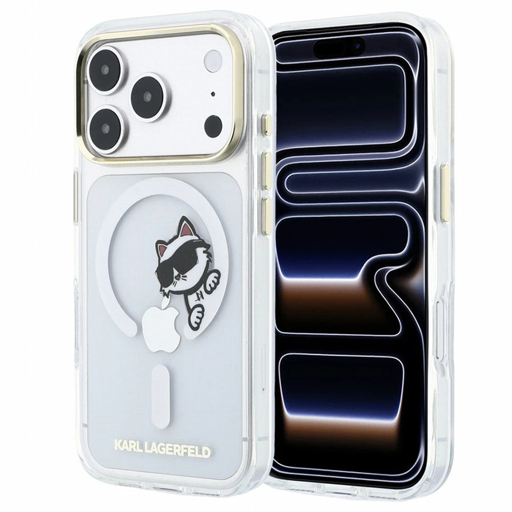 MagSafe puzdro pre Apple iPhone 18 Pro / 17 Pro, Karl Lagerfeld, IML Peekaboo potlač a kovový rám, priehľadné