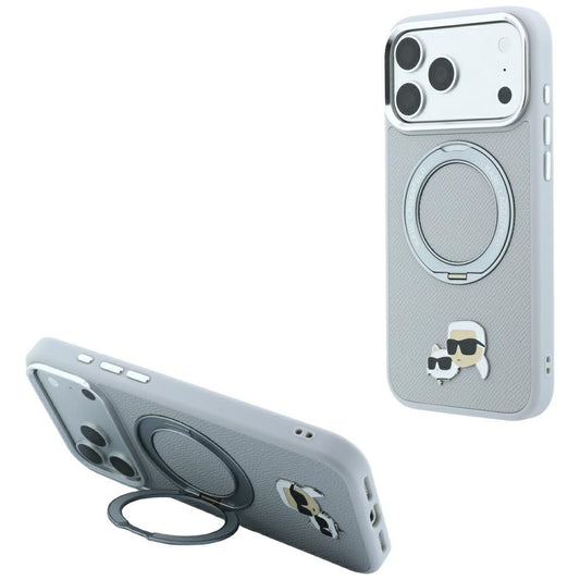 Puzdro MagSafe pre Apple iPhone 18 Pro / 17 Pro, Karl Lagerfeld, Ring Stand 360 Karl & Choupette Pin, sivé