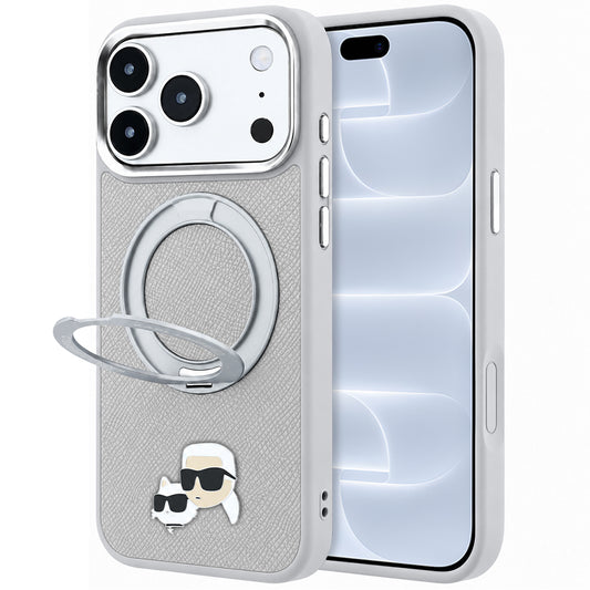 Puzdro MagSafe pre Apple iPhone 18 Pro / 17 Pro, Karl Lagerfeld, Ring Stand 360 Karl & Choupette Pin, sivé