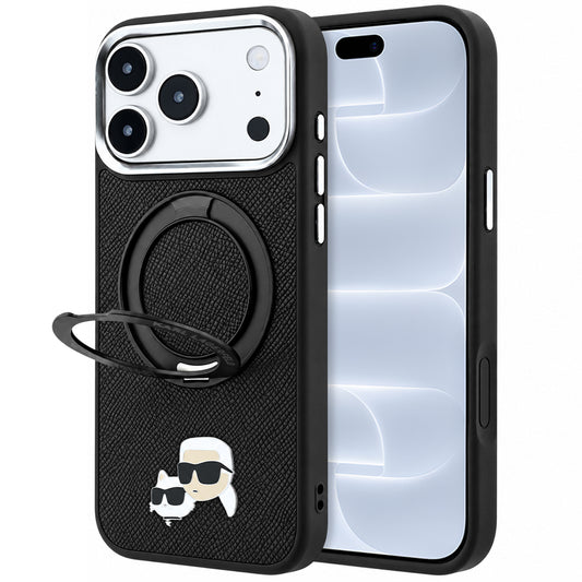 MagSafe puzdro pre Apple iPhone 18 Pro / 17 Pro, Karl Lagerfeld, stojanový krúžok 360 Karl & Choupette Pin, čierne