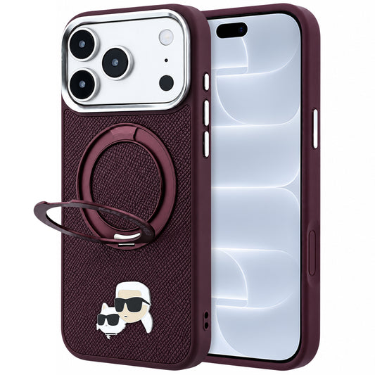MagSafe puzdro pre Apple iPhone 18 Pro / 17 Pro, Karl Lagerfeld, stojanový krúžok 360 Karl & Choupette pripináčik, vínová