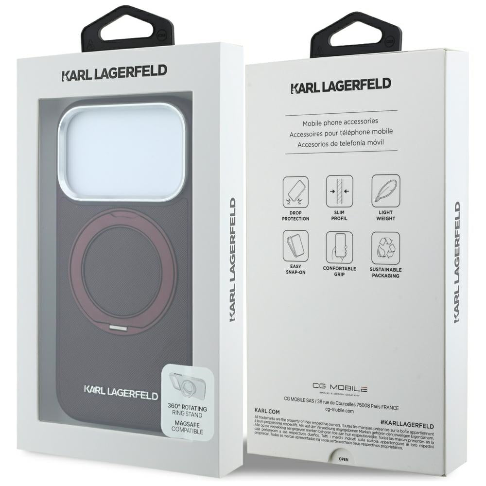 Puzdro MagSafe pre Apple iPhone 18 Pro / 17 Pro, Karl Lagerfeld, Ring Stand 360 Saffiano, bordové