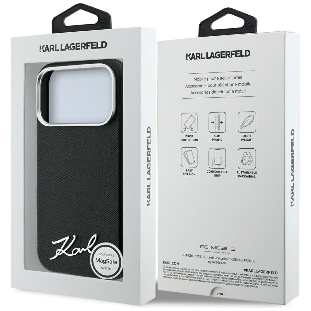 MagSafe puzdro pre Apple iPhone 18 Pro / 17 Pro, Karl Lagerfeld, Saffiano Small Script Metal Logo, Čierna