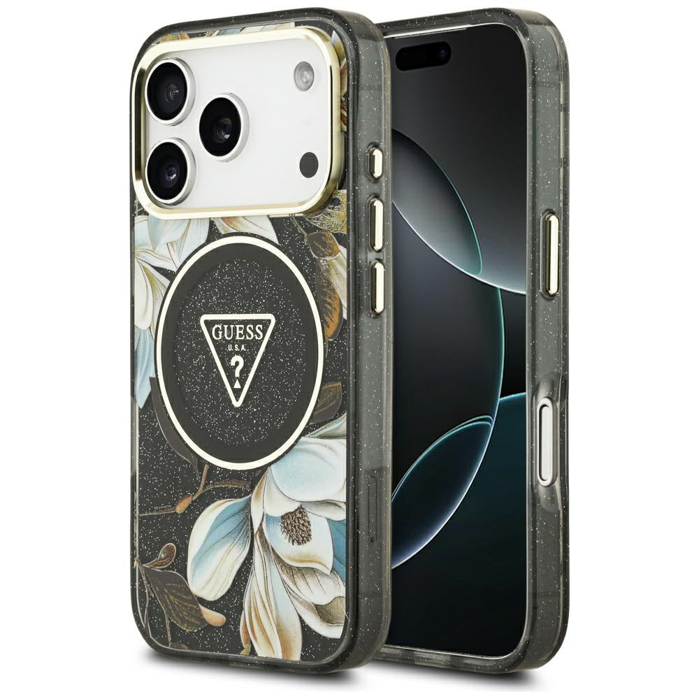 MagSafe puzdro pre Apple iPhone 18 Pro, Guess, IML Metal Glitter Flowers Triangle, čierne