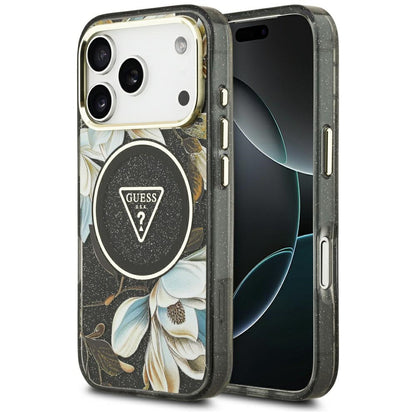 MagSafe puzdro pre Apple iPhone 18 Pro, Guess, IML Metal Glitter Flowers Triangle, čierne