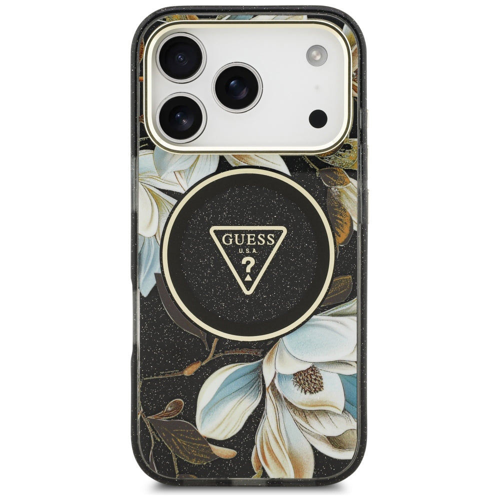 MagSafe puzdro pre Apple iPhone 18 Pro, Guess, IML Metal Glitter Flowers Triangle, čierne