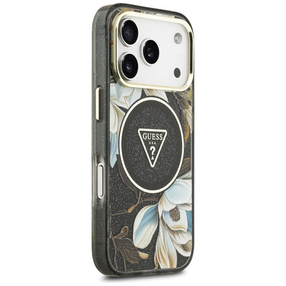 MagSafe puzdro pre Apple iPhone 18 Pro, Guess, IML Metal Glitter Flowers Triangle, čierne